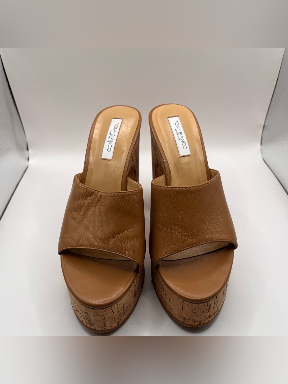 Tony Bianco brown leather platform cork slide sandals size 7 EUC heels - Picture 3 of 9